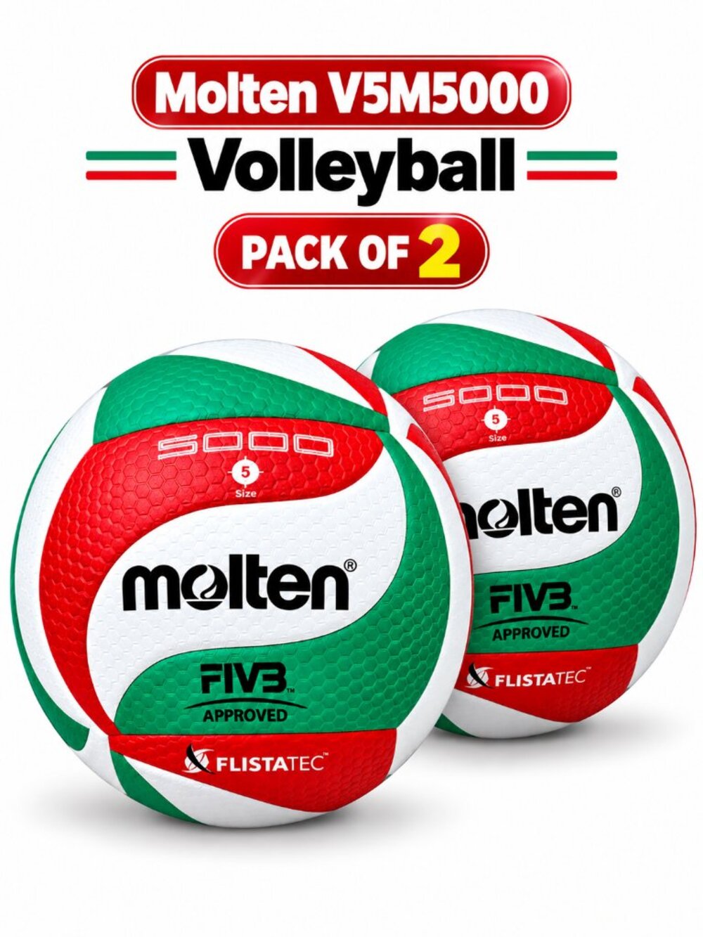 Molten V5M5000 Volleyball Size 5 Soft Touch PU Leather In/Outdoor Pack of 2